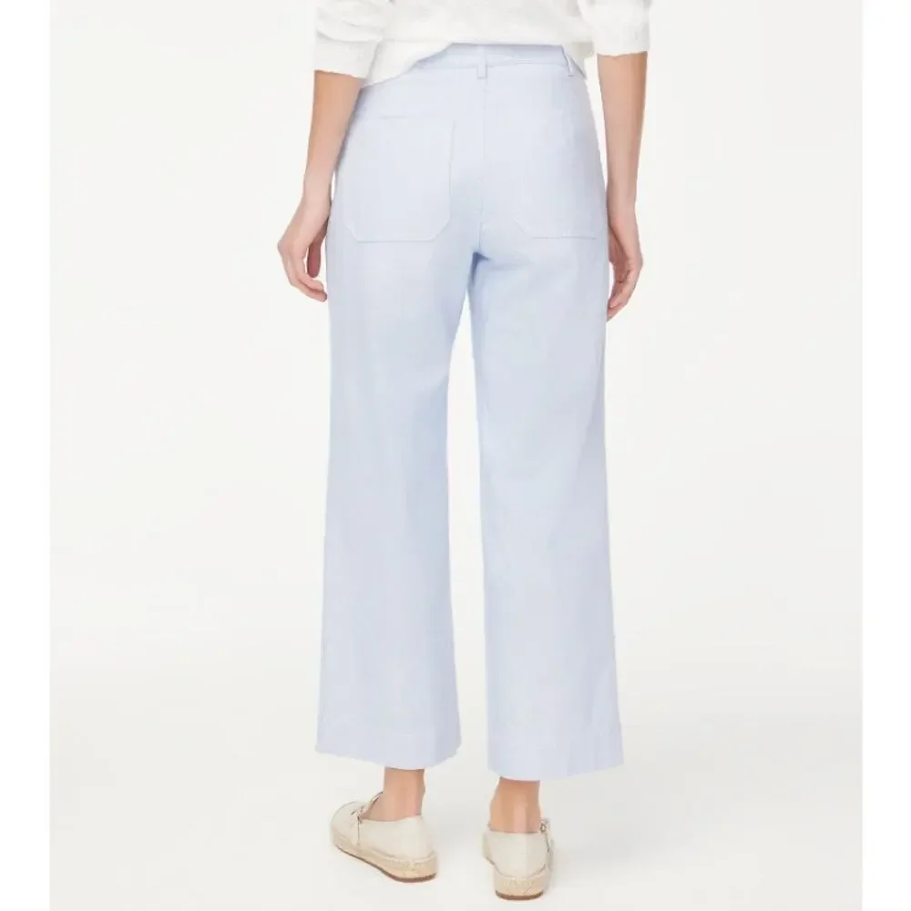 J.Crew Striped High Rise Wide Leg Cropped Pants Sz 33 Blue White Stretch Zip Fly